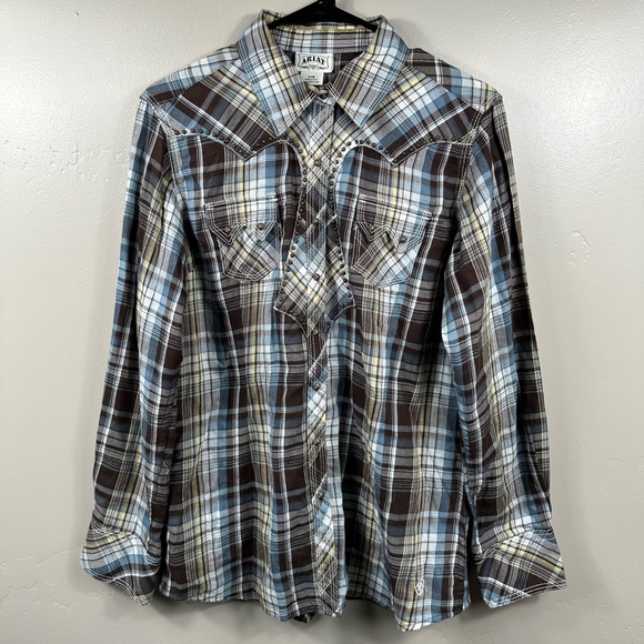 Ariat Tops - Ariat Women’s Snap Button Down Plaid Shirt Size Large - Brown / Blue / Grey